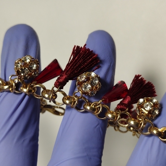Women's Polished Gold-tone Red Beaded Tassel Bracelet w/ Sparkling Crystal Balls - Picture 7 of 8